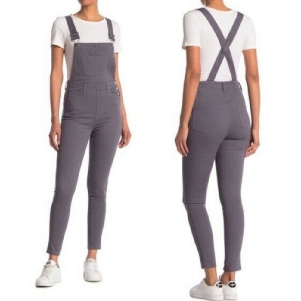 WeWoreWhat NWT Grey Hi-Rise Skinny Overalls with Pockets and Criss-Cross Back